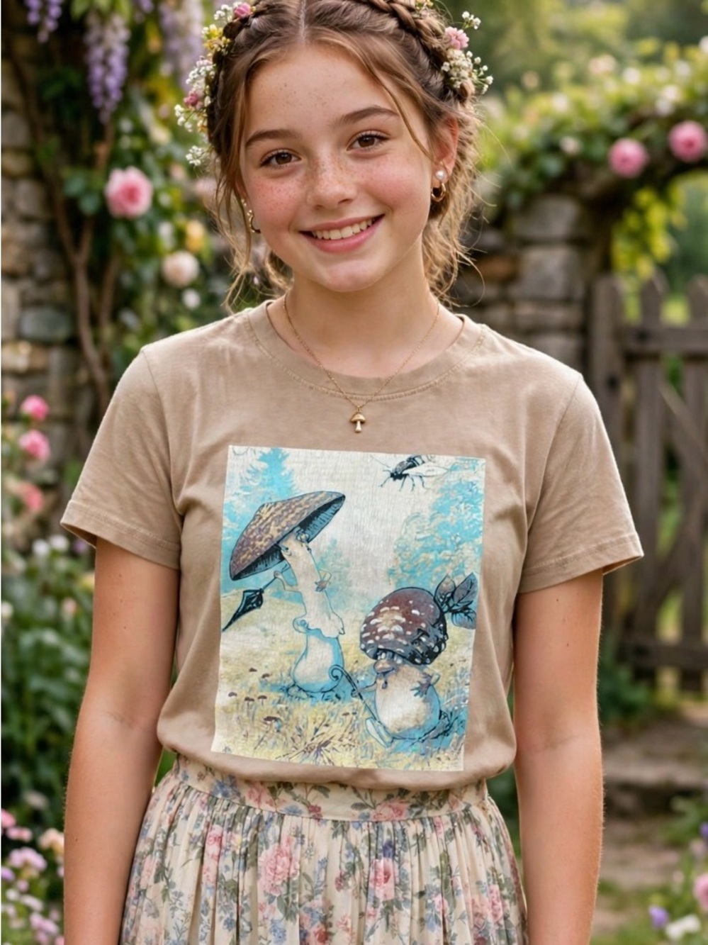 Cottagecore Mushroom Neutral Tan Womens Graphic Tee with Whimsical Gnome Fairy